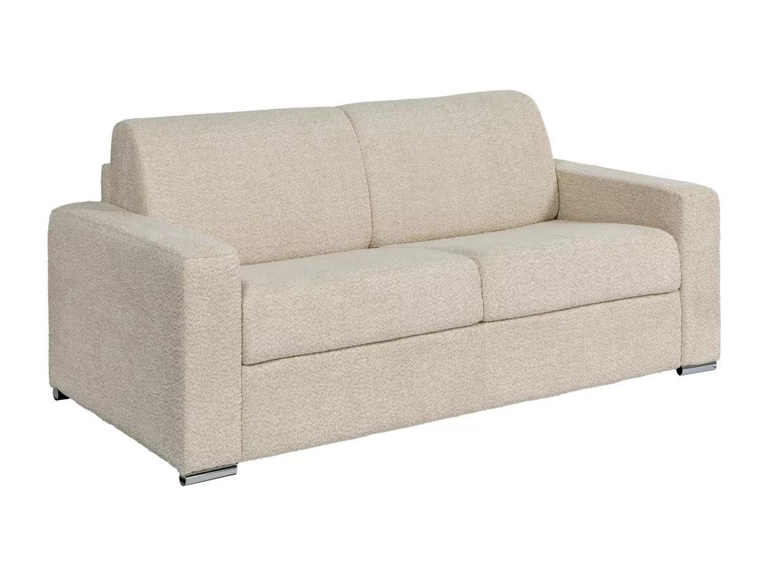 Canapé 3 places convertible express en tissu bouclette beige - Couchage lattes larges 140 cm - Matelas 22 cm CALITO