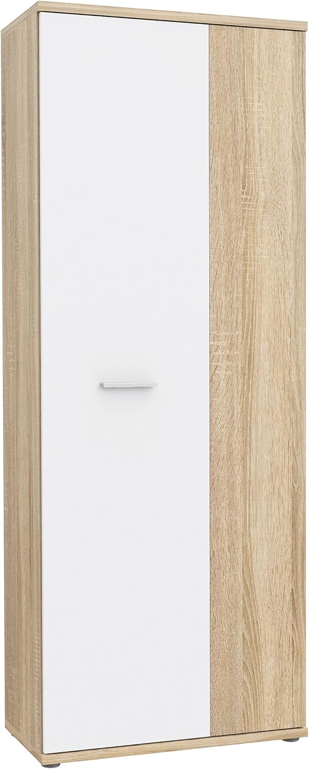 FORTE NET106 Schrank 70, Schuhschrank, Garderobenschrank, Abstellraum, Drehtürenschrank, 2-türig mit Einlegeböden, Weiß mit Holzdekor: Sonoma Eiche, 69 cm breit x 179 cm hoch x 35 cm tief