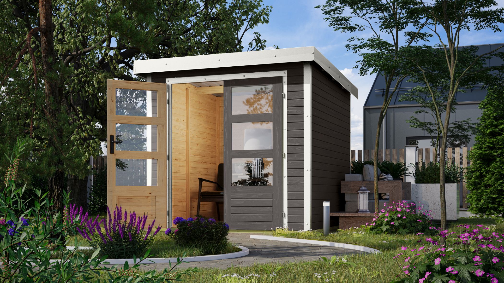 Karibu Hybrid Gartenhaus Hollywood terragrau inkl. Fußboden Gartenlaube Geräteschuppen Gartenhütte