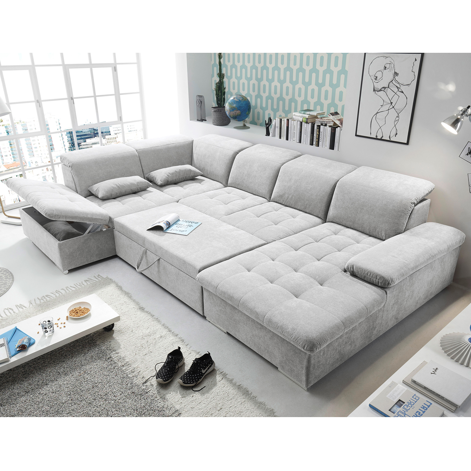 Wohnlandschaft - silber - Liegefunktion - Recamiere links