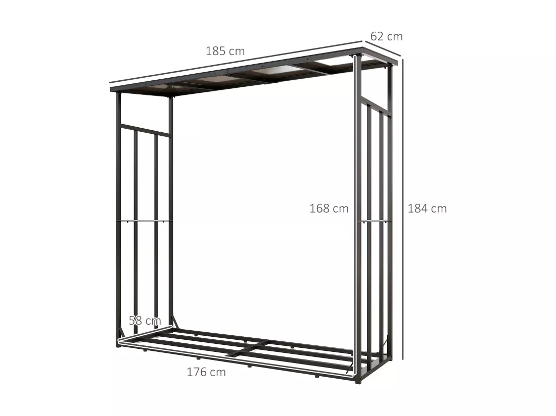 Abri bûches range bûches avec toit - 4 housses incluses - charge max. 2T - dim. 185L x 62l x 184H cm - métal noir