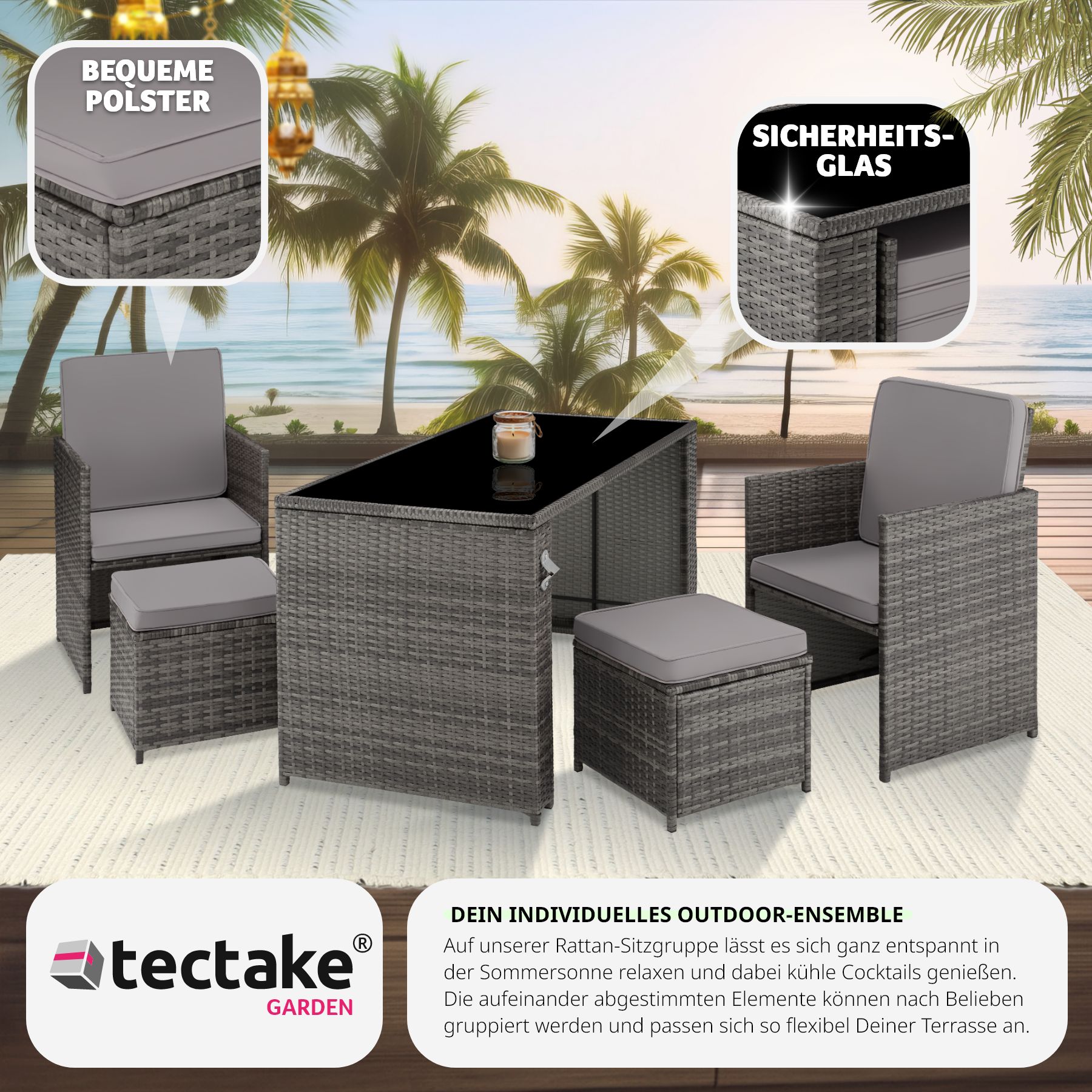 tectake® Rattan Sitzgruppe, für 2 bis 4 Personen, UV-beständig, inklusive Flaschenöffner, zusammenschiebbar