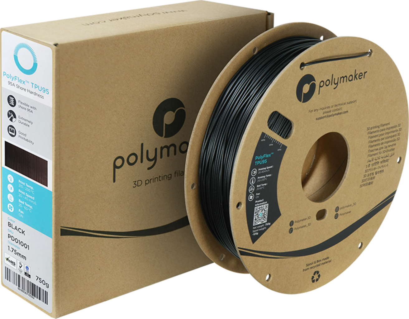 Polymaker  PolyFlex TPU95 Schwarz, 1,75 mm (750 g)    Schwarzes flexibles Filament einfach zu verarbeiten