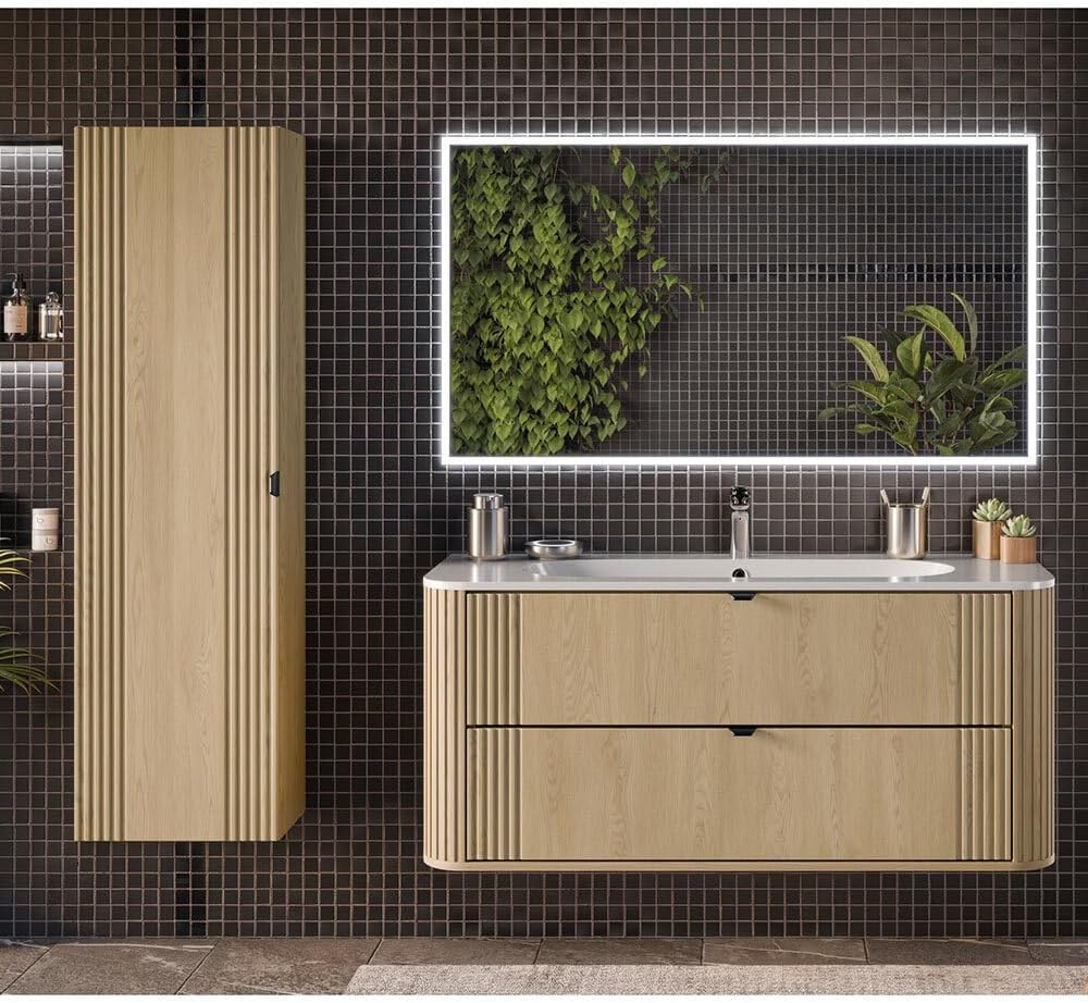 Lomadox Badmöbel-Set 3-teilig Waschtisch 120 cm mit Keramik Waschbecken, LED Spiegel und Hochschrank in Eiche, gerillt, abgerundete Kanten, Softclose, Metallgriffe