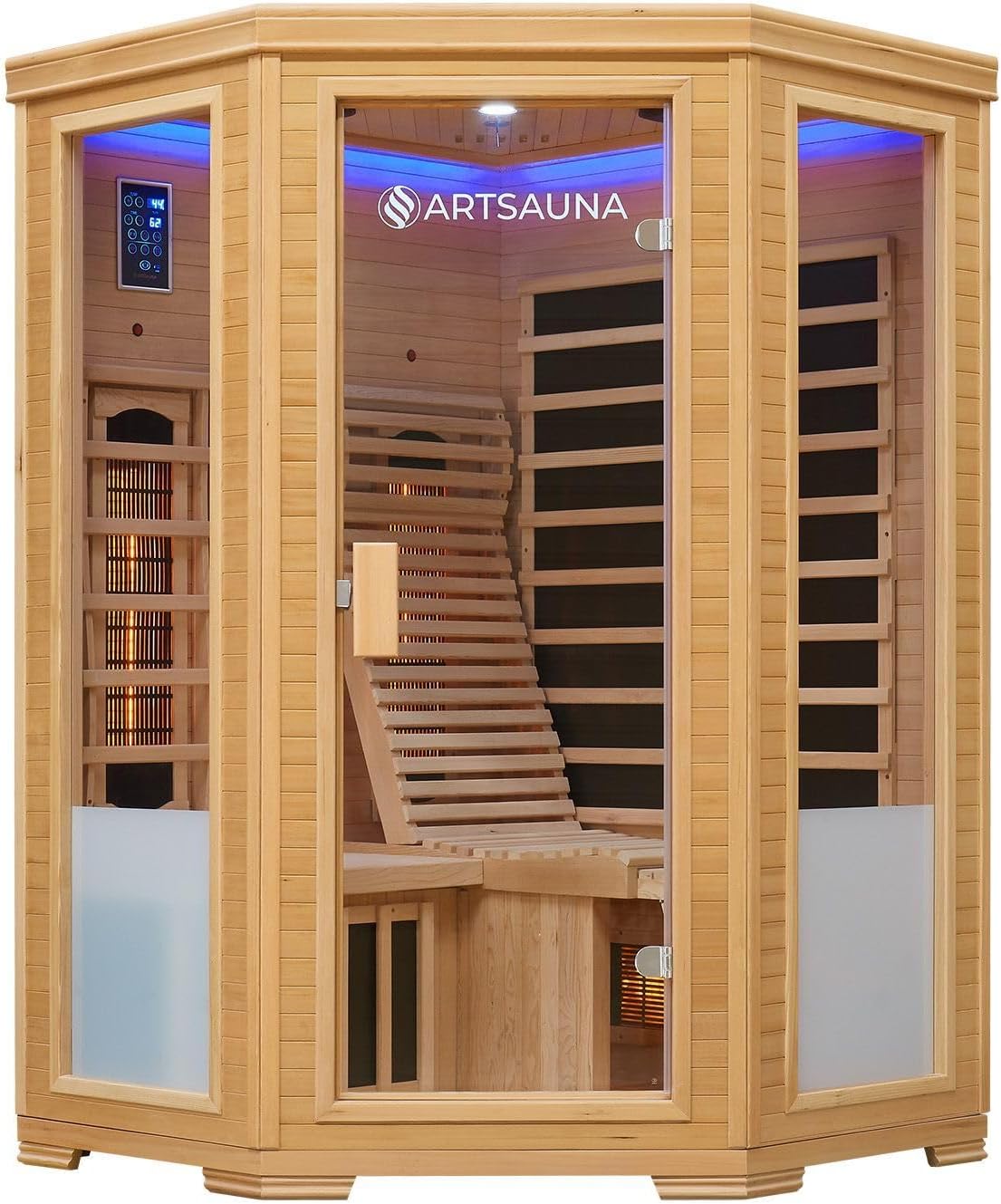 Artsauna Infrarotkabine Aalborg Dual-Technologie - 120x120x190 cm - 2 Personen - mit Relaxliege, Sitzbank, LED Farblicht & Glastür - Hemlock Holz Infrarotsauna
