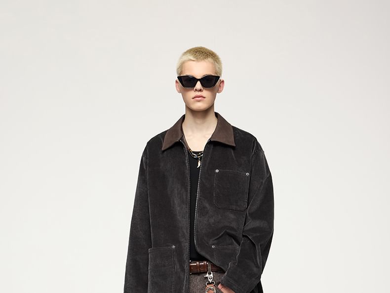 Newin - Corduroy jack met leren kraag