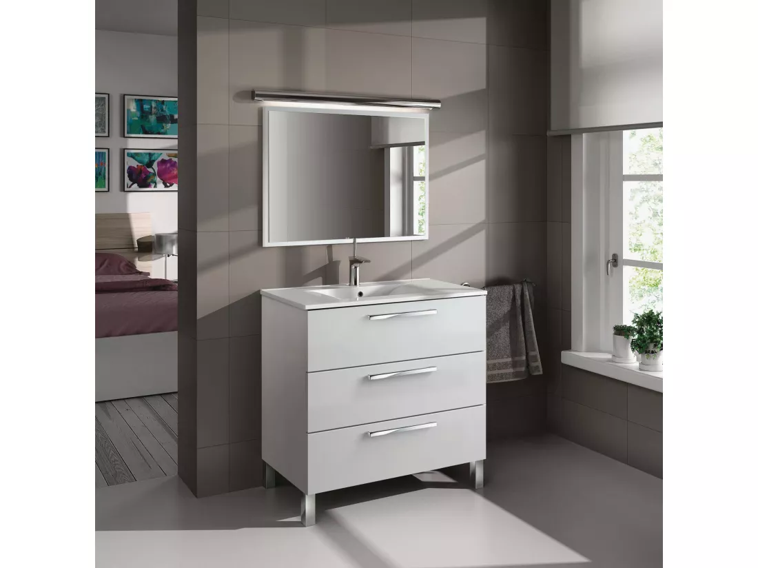 Meuble sous-vasque Dlo, Meuble de salle de bain, armoire 3 tiroirs et miroir, lavabo non inclus, 80x45h86 cm, Blanc brillant