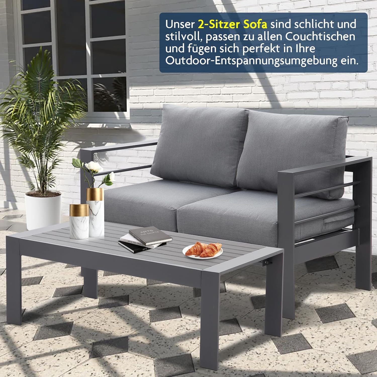 Atenza Gartensofa 2 Sitzer, Moderne Garten Lounge aus Aluminium, Wetterfest & Robust, Gartenmöbel für Balkon & Terrasse, inkl. Sitz- und Rückenkissen, 128x65x66 cm