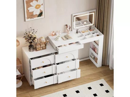 Coiffeuse avec éclairage LED 105x40x80 cm - avec 7 tiroirs - avec compartiments de rangement - blanc
