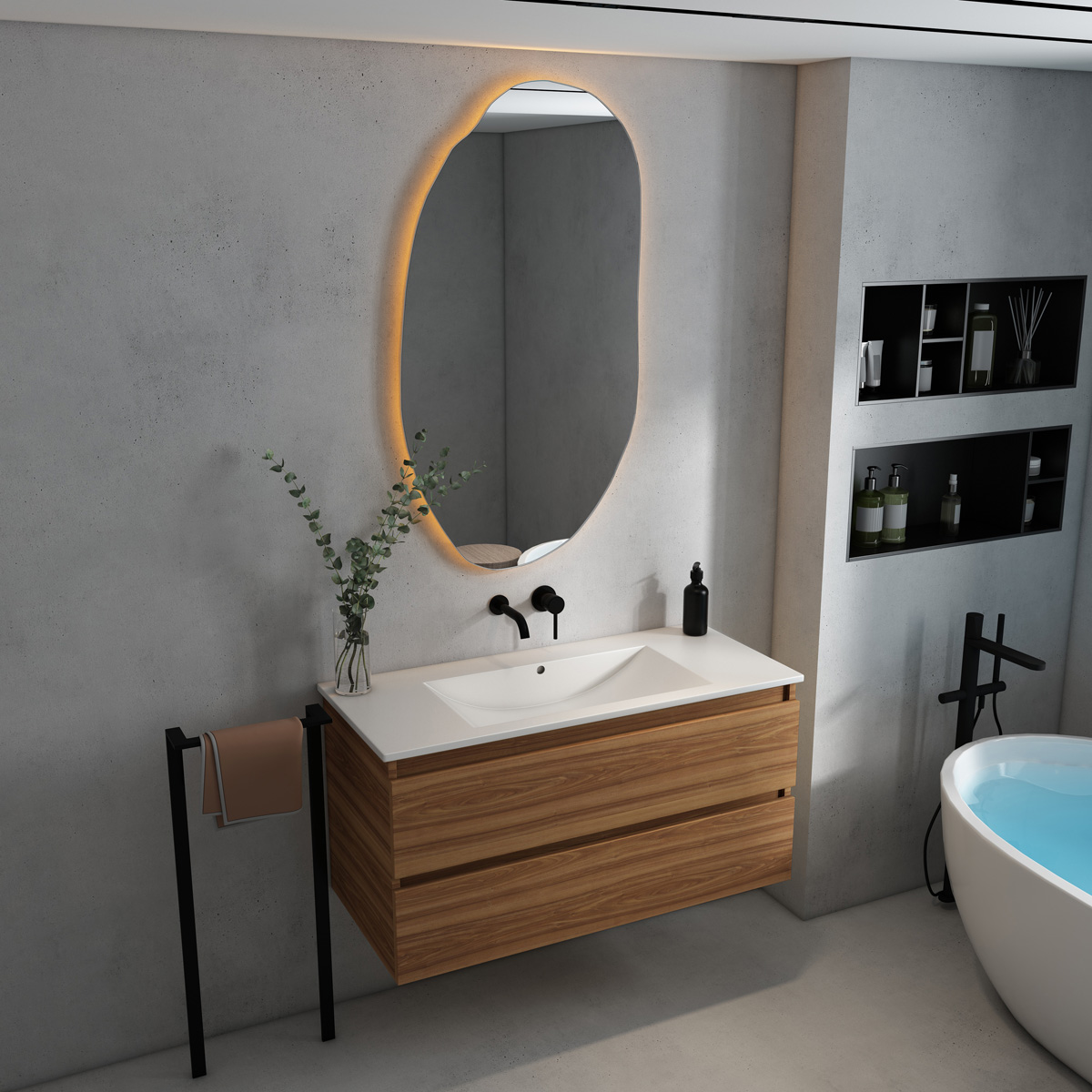 Fontana Rovigo badmeubel 100cm met witte wastafel zonder kraangat walnoot
