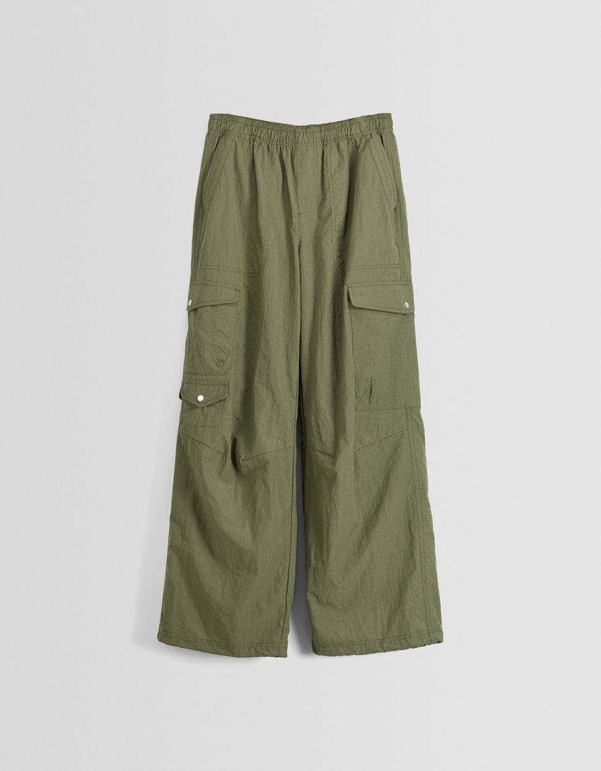 Calças de paraquedas de nylon com bolsos