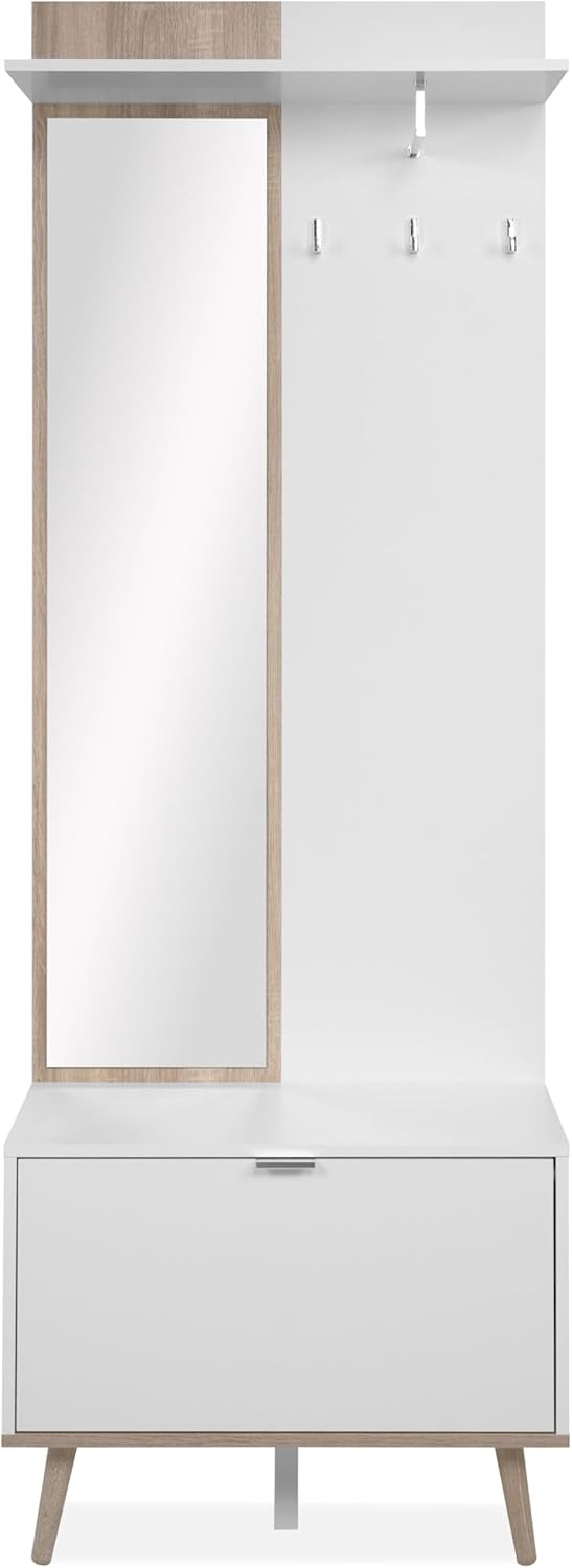 Göteborg 42A Kompaktgarderobe, mit Hutablage, Spiegel und Kleiderstange in weiß/Dekor Sonoma Eiche Maß: B x H x T ca. 70 x 200 x 32 cm