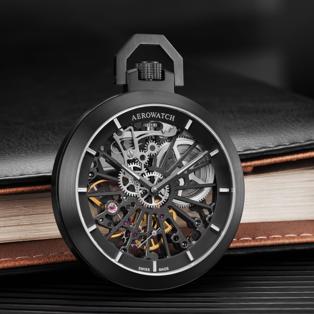 Aerowatch Taschenuhr Lépine Mechanical Skeleton Schwarz Ø 48mm