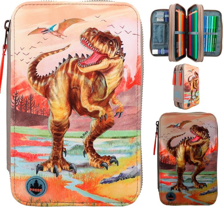 Dino World - Trippel Penalhus Med Led Lys Og Indhold