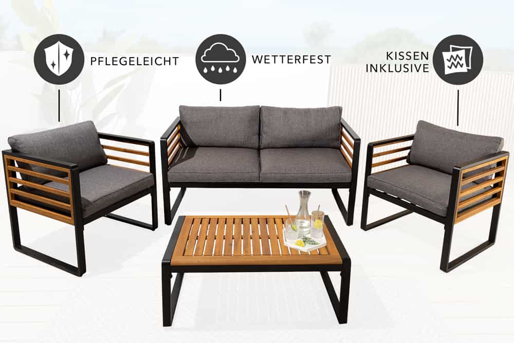 Outdoor Garten-Sitzgruppe PURE grau natur Akazie schwarz Metall inkl. Tisch Sitzpolster
