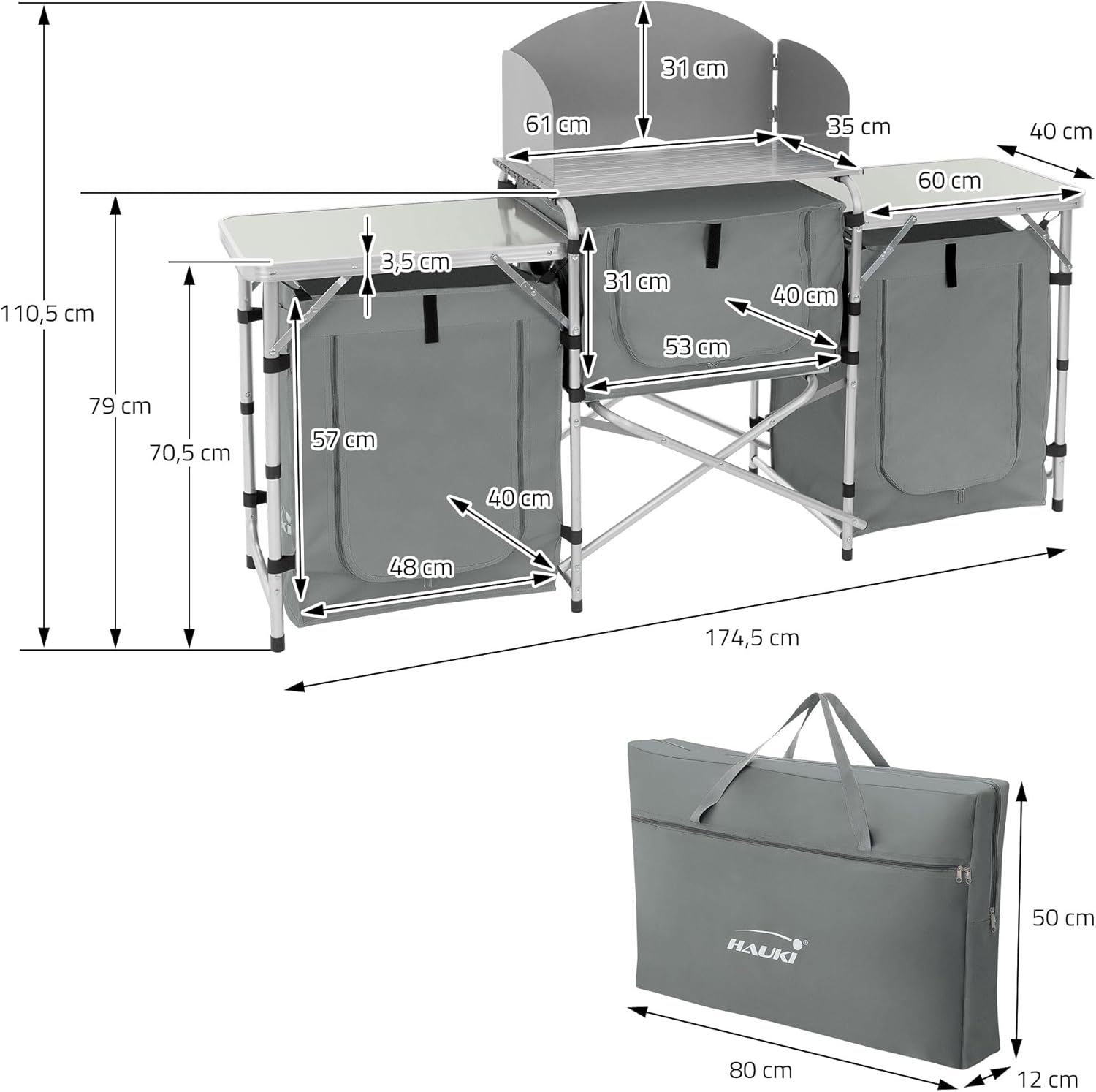 Hauki Camping Küche Campingschrank faltbar mit Tragetasche, Reiseküche mit Windschutz, Küchenschrank mit Arbeitsplatte, Staufächern, Alu Outdoorküche Faltschrank Küchenbox klappbar Zeltschrank tragbar