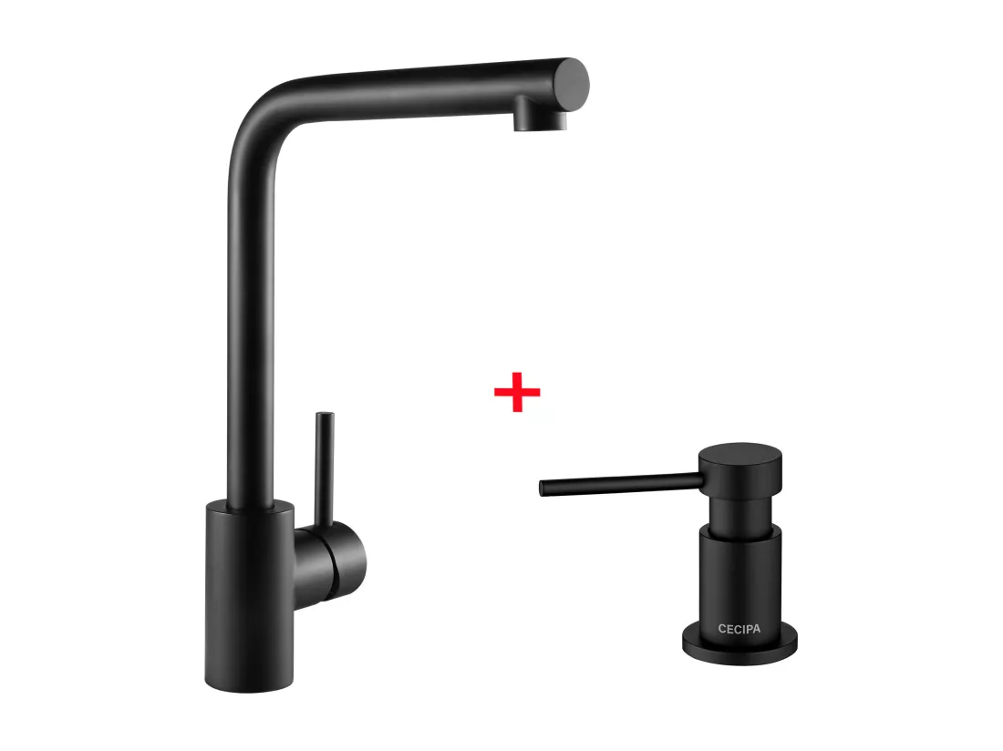 Cecipa max Mitigeur de cuisine, Robinetterie Noir en Acier Inox, Robinet de cuisine rotatif à 360 ° + Distributeur de Savon de Cuisine Noir