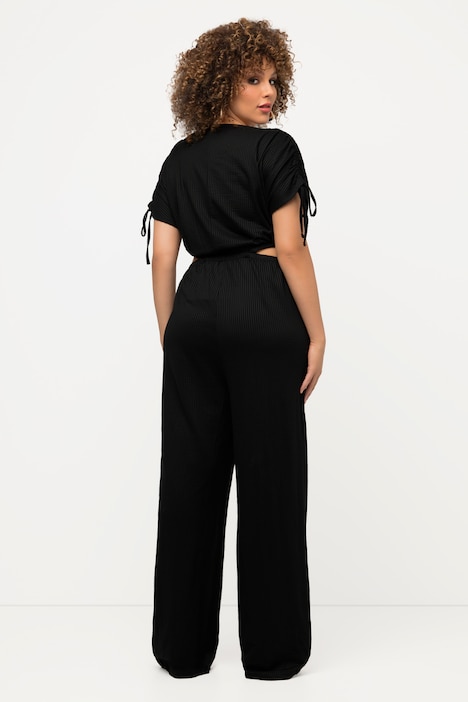 Jumpsuit, Streifenstruktur, V-Ausschnitt, Wickeloptik