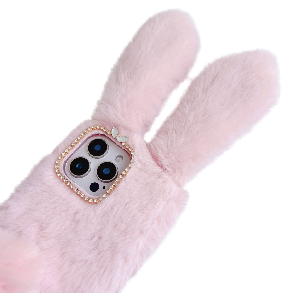 iPhone 16 Pro 3D Gummi Plüsch Case Hülle Bunny mit Flauschigen Hasenohren - Rosa