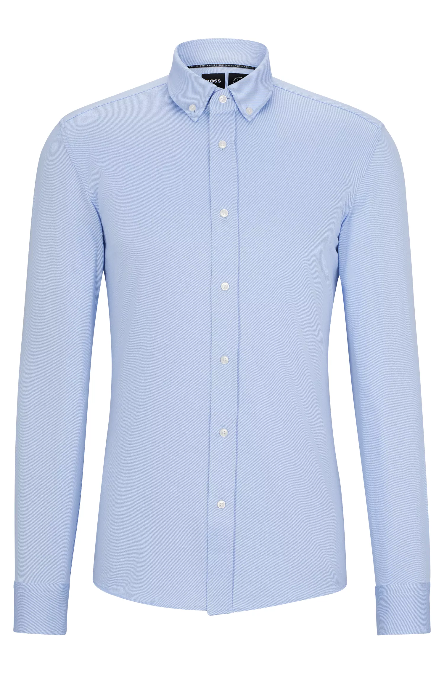 Camisa BOSS preta de corte slim, confeccionada em sarja elástica de alta performance com mistura de algodão.