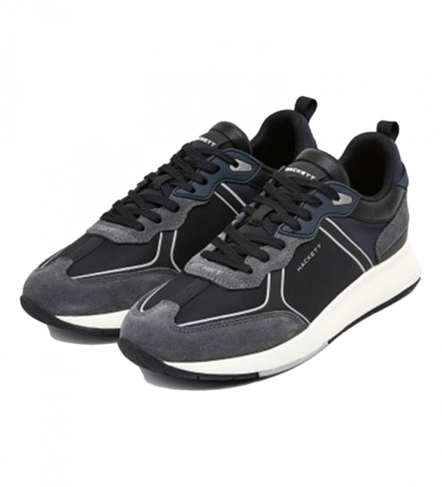 Tênis Hackett H-Runner de couro, cinza e preto.