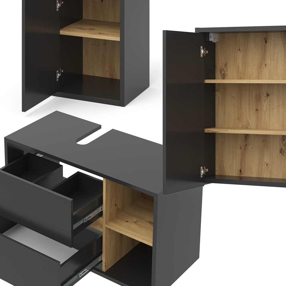 Vicco Badmöbel-Set Badezimmer-Möbel Bad-Schrank Viola Anthrazit Eiche modern Badezimmerschrank Waschtischunterschrank Spiegelschrank Midischrank Schranktür Schrankfach Ablage Aufbewahrung