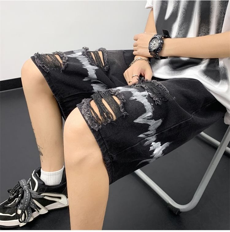 Hushgrain - Mid Rise Print Distressed Washed Denim Shorts