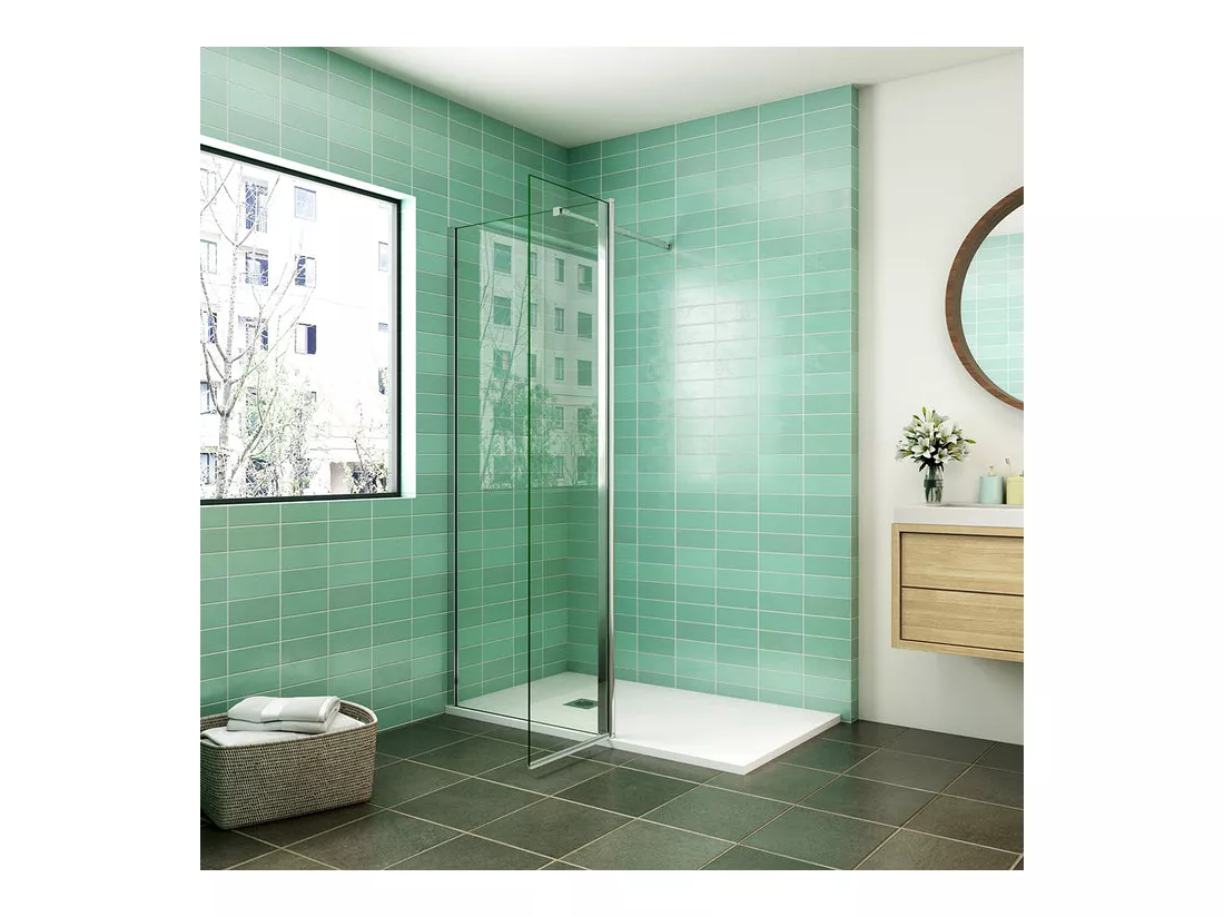 Paroi de douche à l'italienne 70x200cm avec retour pivotant 50x200cm - Verre securit - Avec barre de fixation 73-120cm en carré