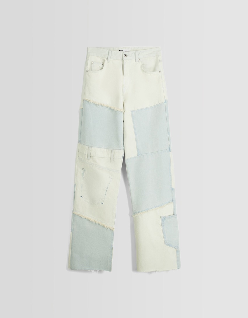 calças jeans largas com patchwork