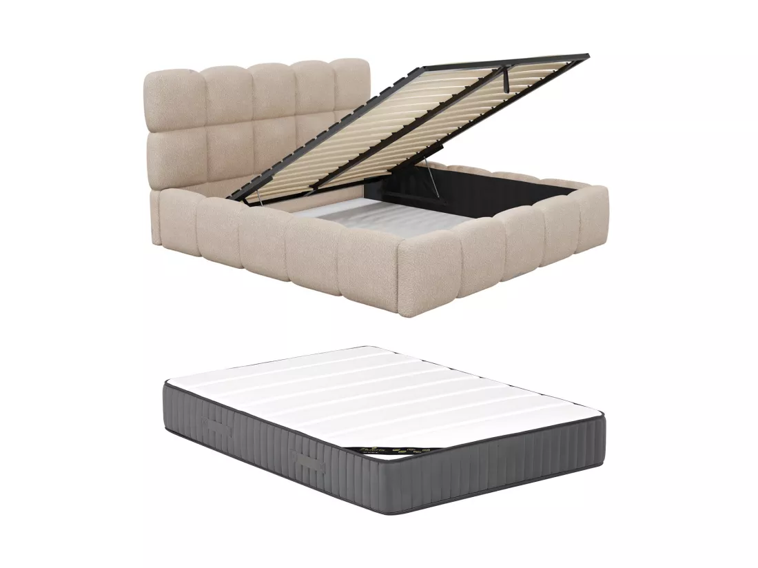 Lit coffre 140 x 190 cm - Tissu bouclette - Beige + Matelas - DAMADO de Pascal Morabito