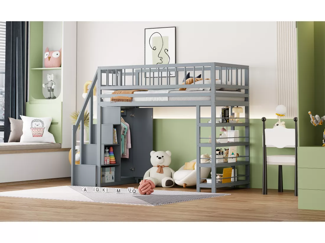 Lit mezzanine 90 x 200 cm - étagères + armoire + espace de rangement - bois massif - gris