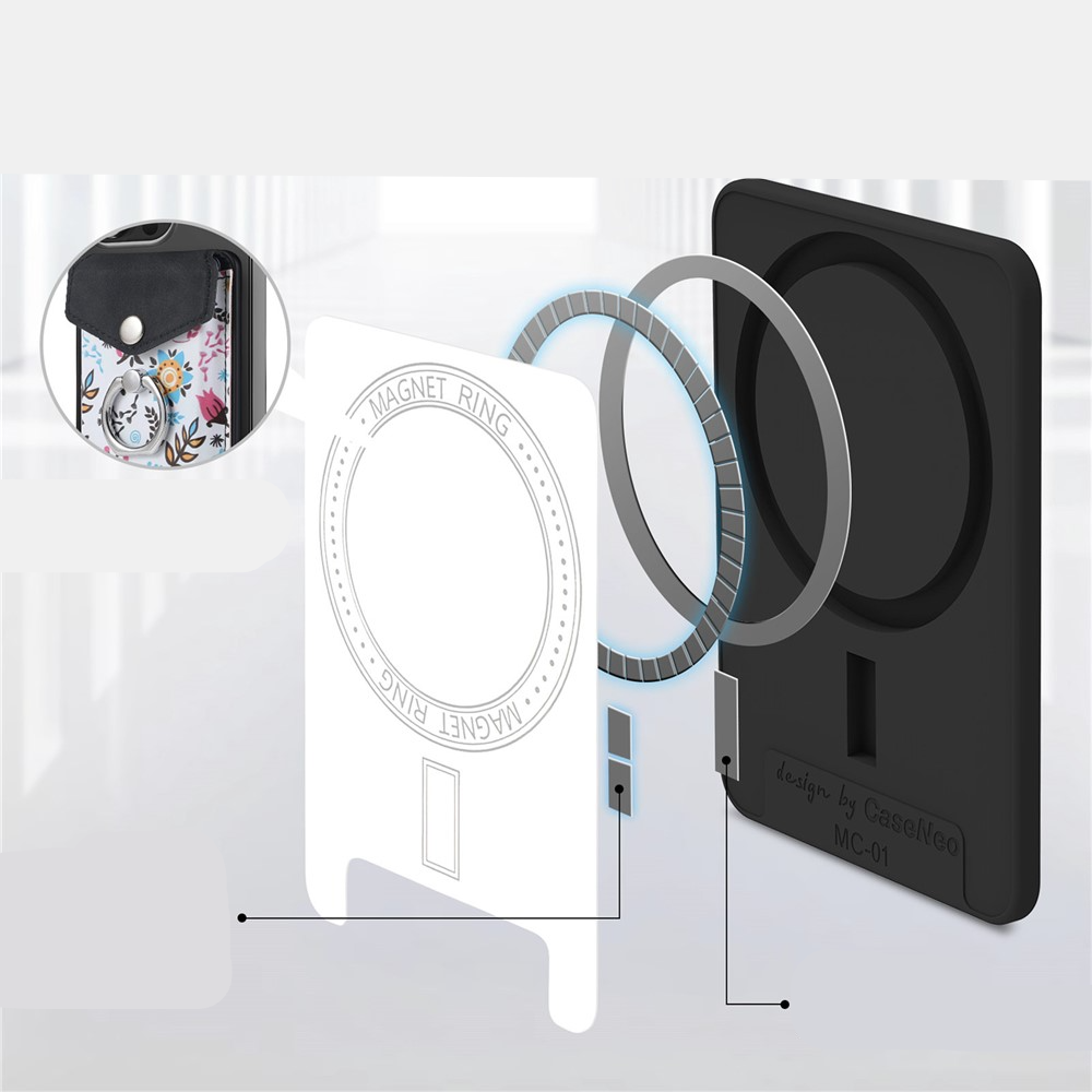 Magnetische MagSafe Wallet Kreditkarten Halterung mit Finger Griff Ring Halterung   Druckknopfverschluss - Schwarz