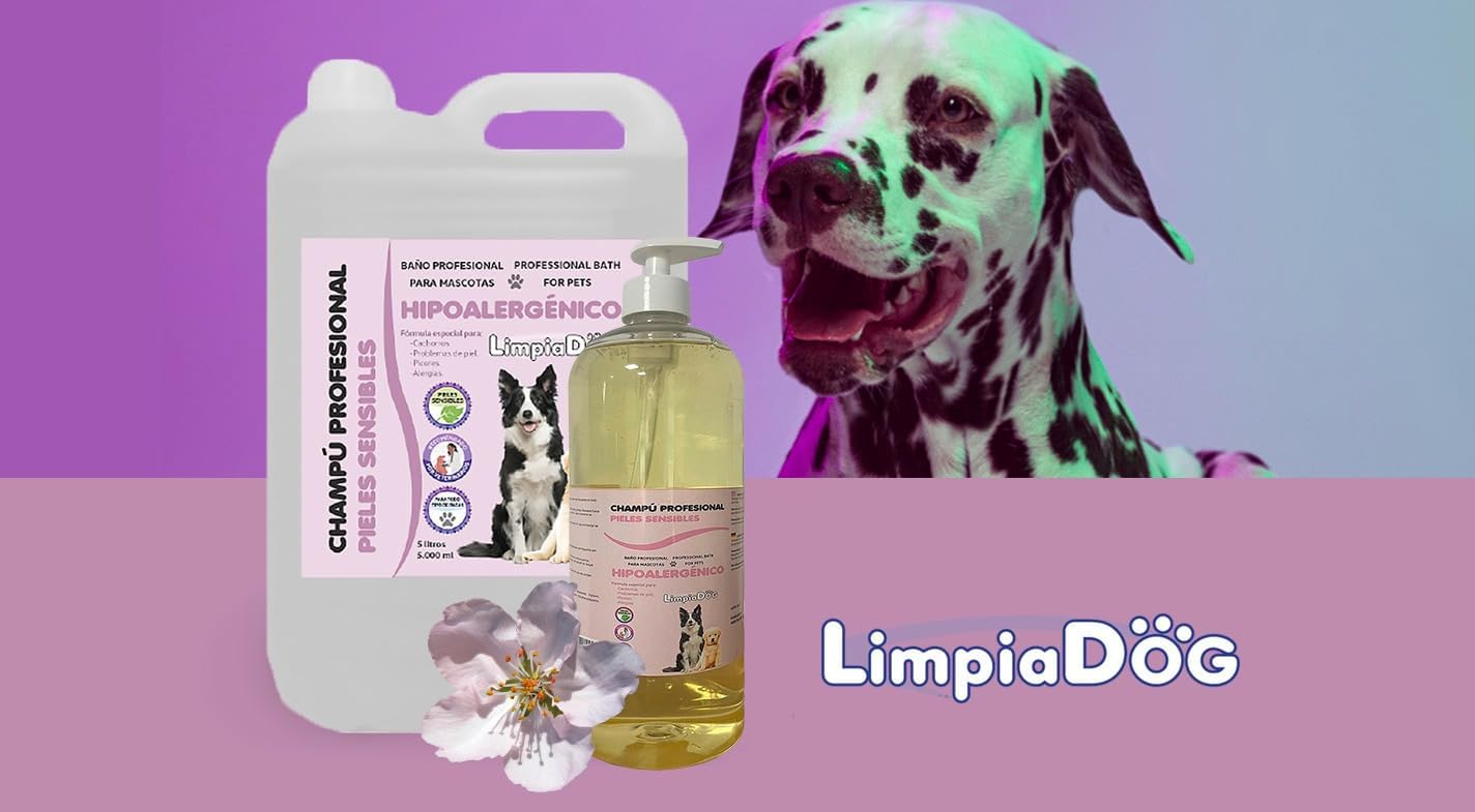 Shampoo LIMPIADOG para cães com pele sensível, suave, hipoalergênico, para todas as raças e idades, com dosador, 5 litros.
