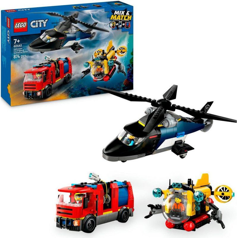 LEGO City 3-in-1 Helikopter - Brandweerwagen - Onderzeeër - Bouwspel - 3 Minifiguren