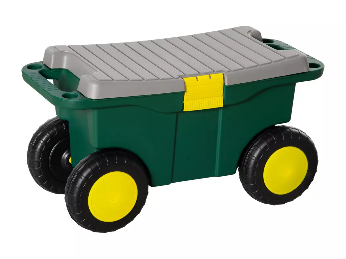 Tabouret de jardin caisse à outils 2 en 1 - coffre et plaque compartimentée de rangement verrouillable - 4 roulettes, 2 poignées - PP gris jaune vert