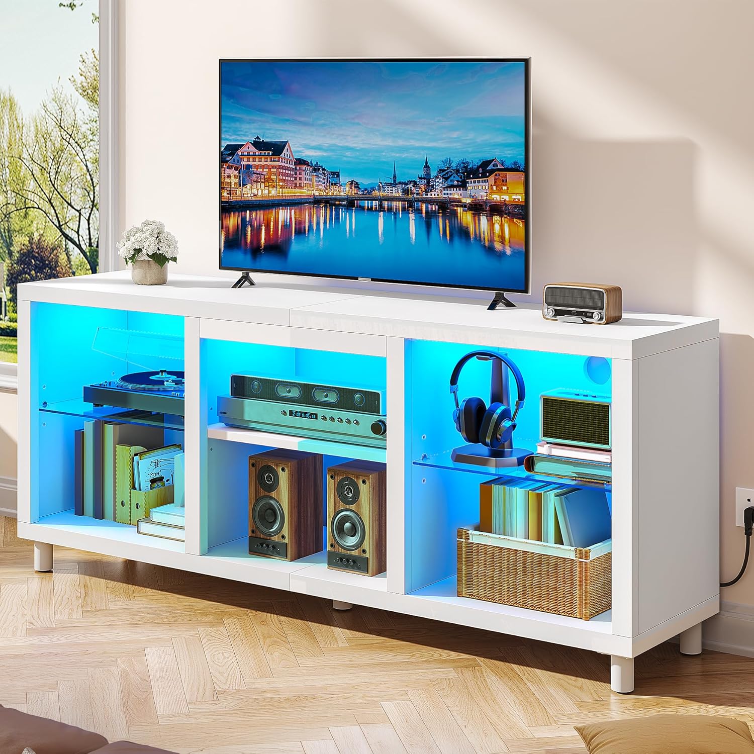 YITAHOME TV Schrank, Lowboard für 65 Zoll & kleinere TVs mit RGB LED-Beleuchtung, 148cm TV Board mit verstellbaren Glasböden, integriertes Kabelmanagement, Fernsehtisch für Wohnzimmer (Weiß) XJ8599357