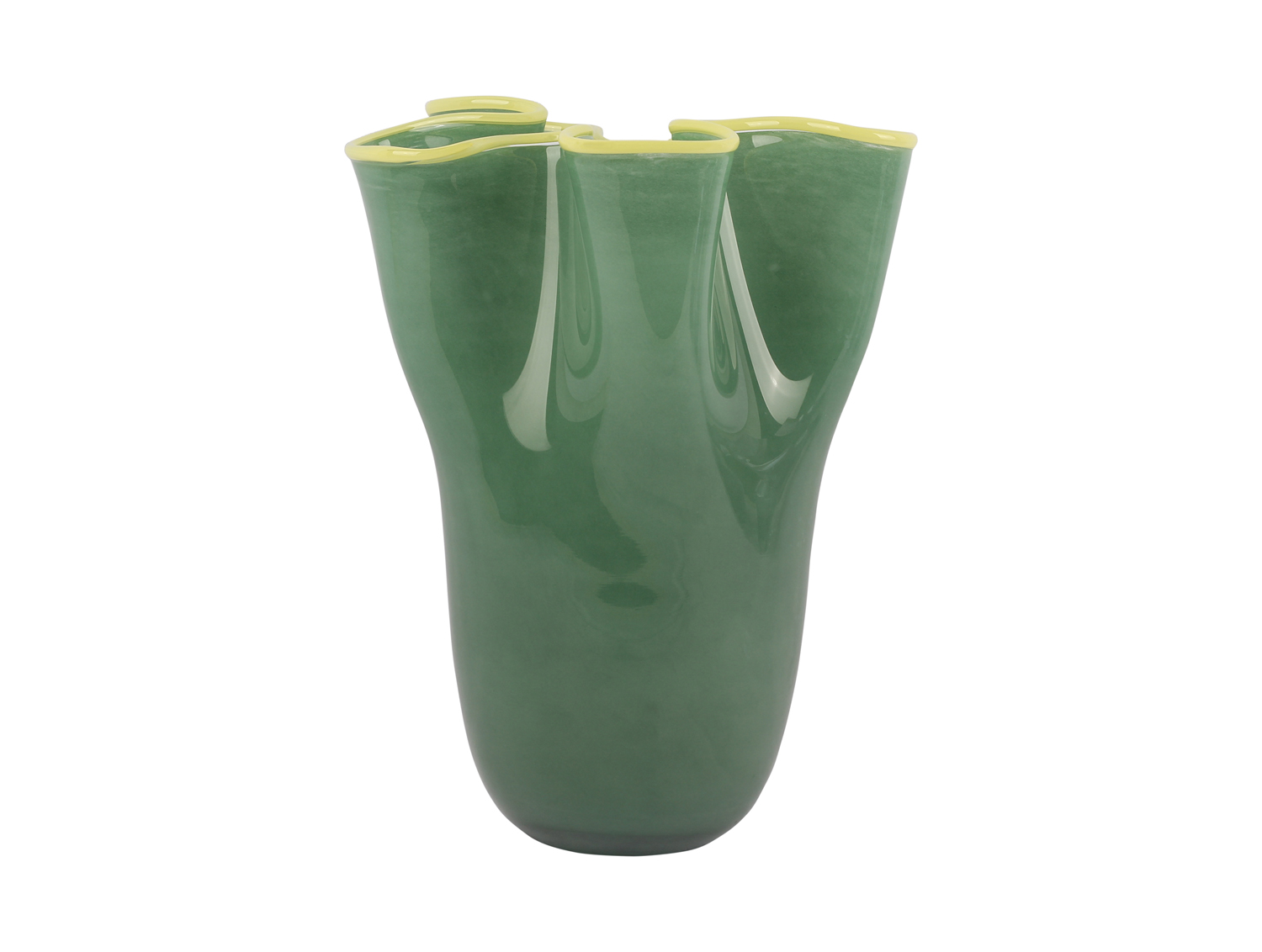Vase Ruffles glass large jungle green w. soft yellow rim