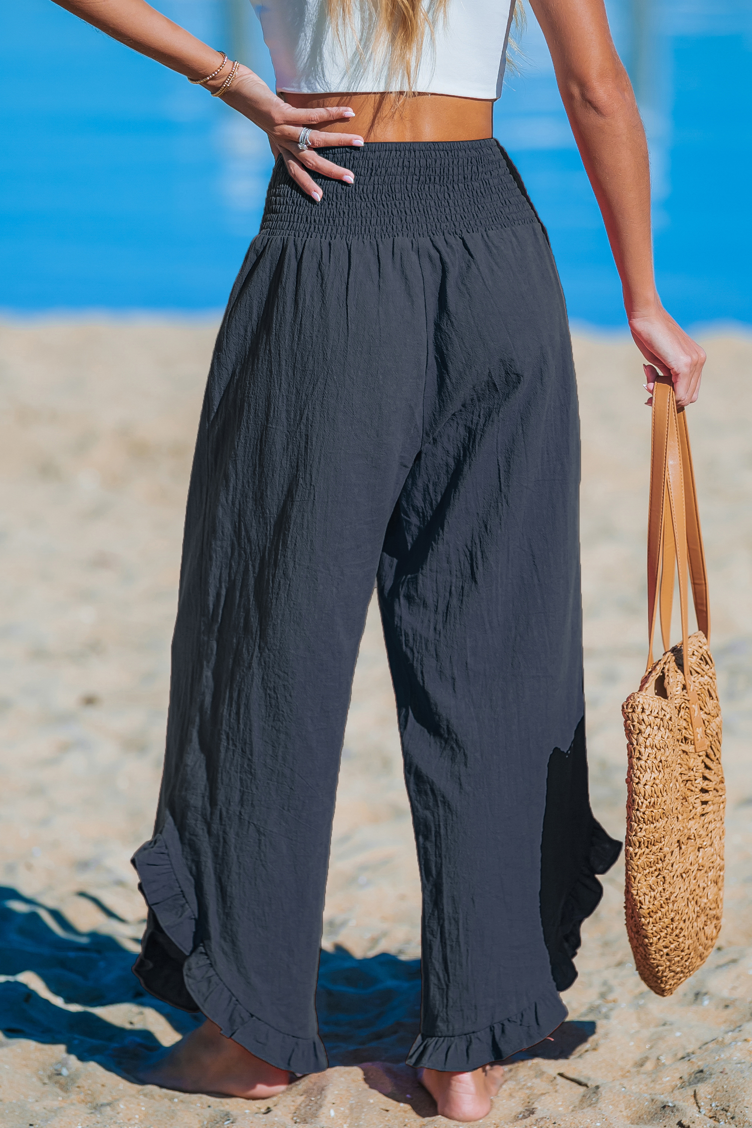 Pantalon taille haute en pur coton avec jambe droite bleu marine