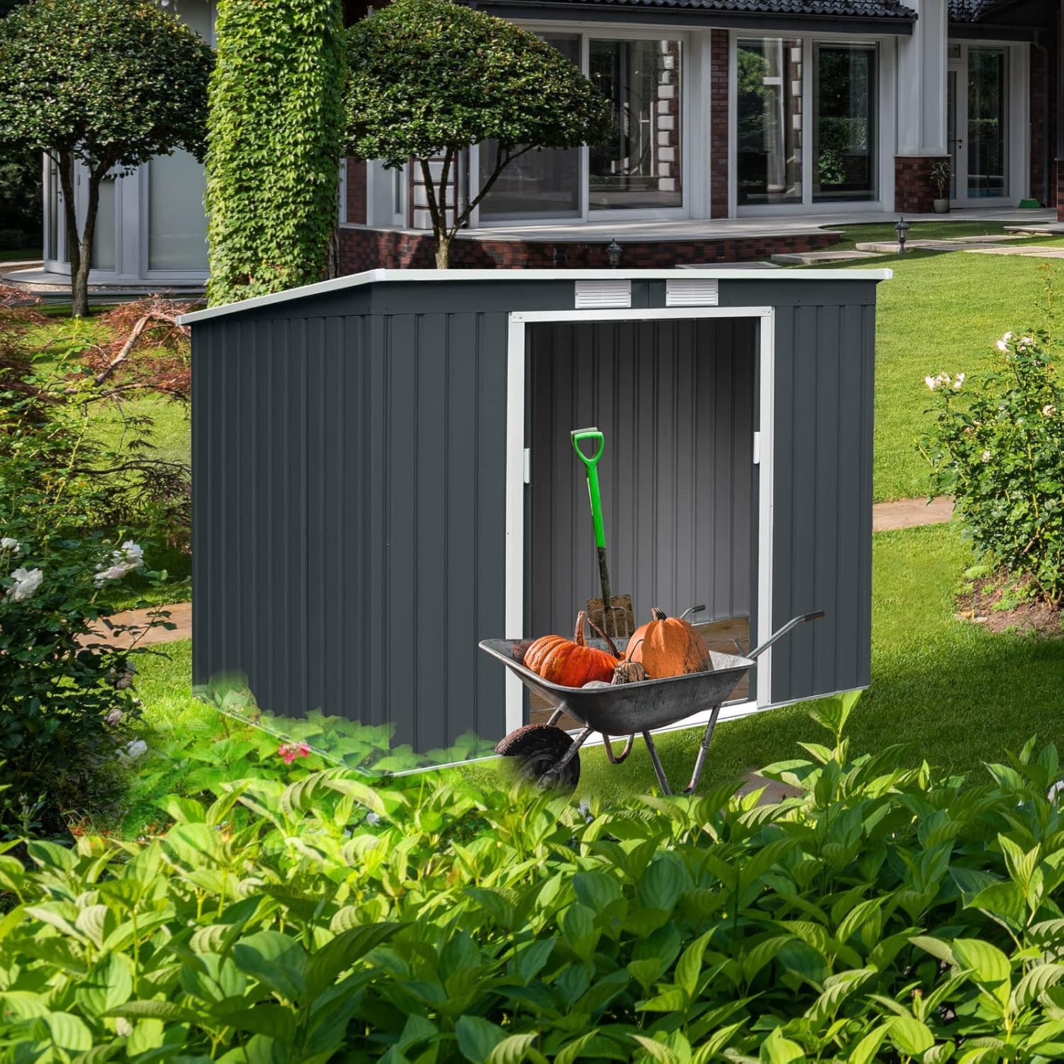 P100 Gartenhaus mit Pultdach, Geräteschuppen 213x130x173cm, Gerätehaus mit 2 Schiebetüren, Belüftungsgitter & Metall-Rahmen, Modernes Grau/Anthrazit, Verzinkter Stahl