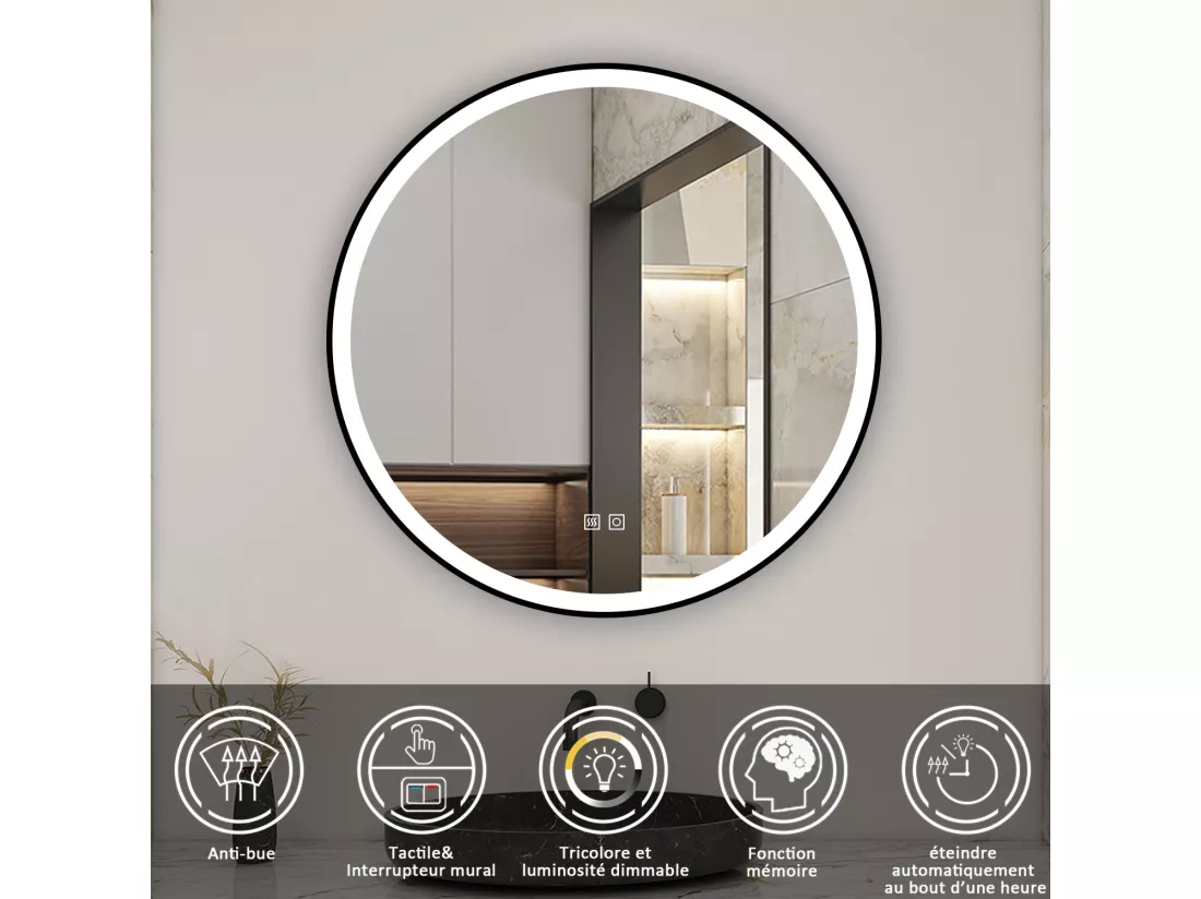 AICA Miroir lumineux 60cm rond, 3 couleurs + anti-buée + dimmable + mémoire, miroir salle de bain