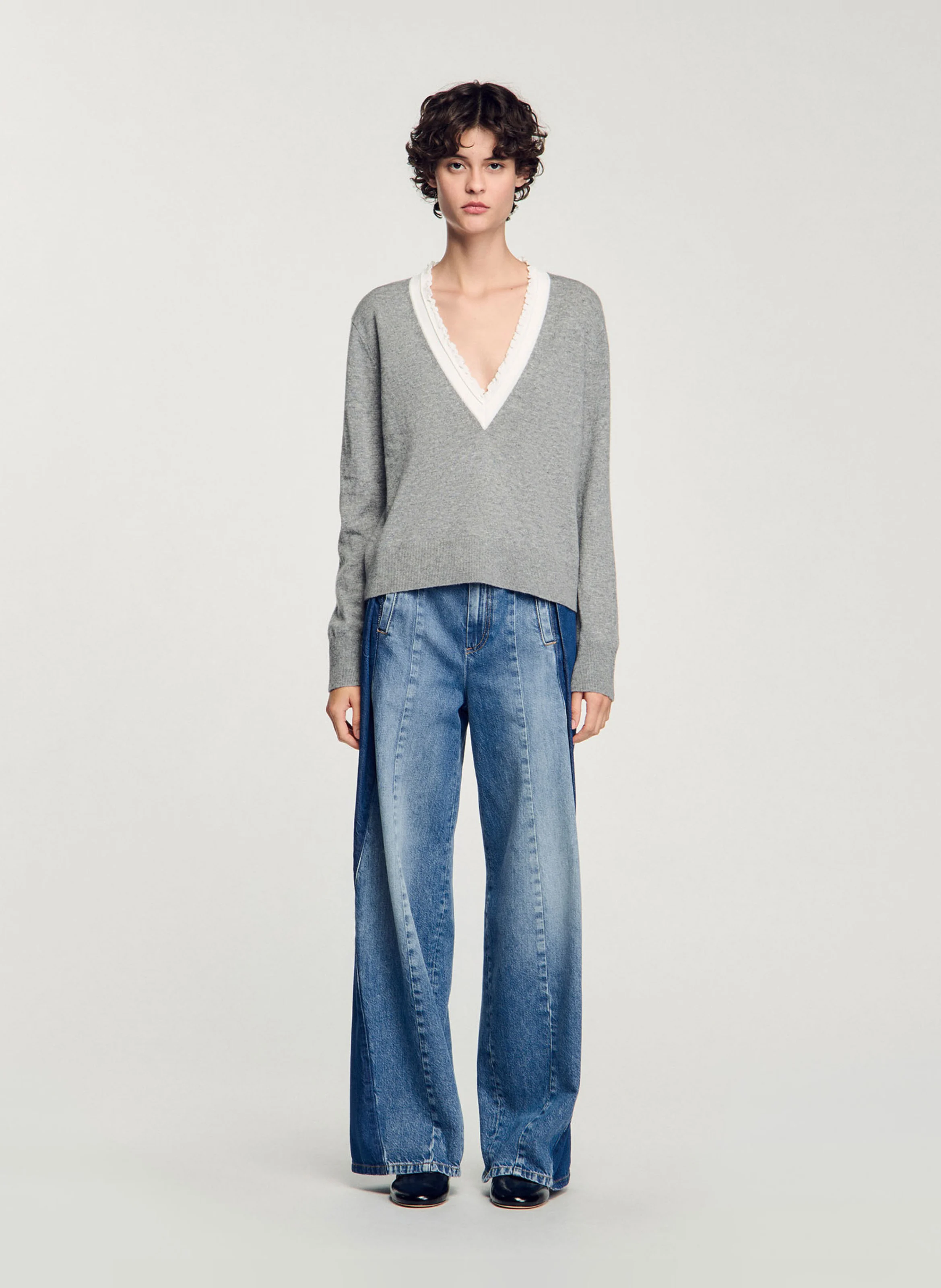 Pull ample col V en laine mélangée | Gris