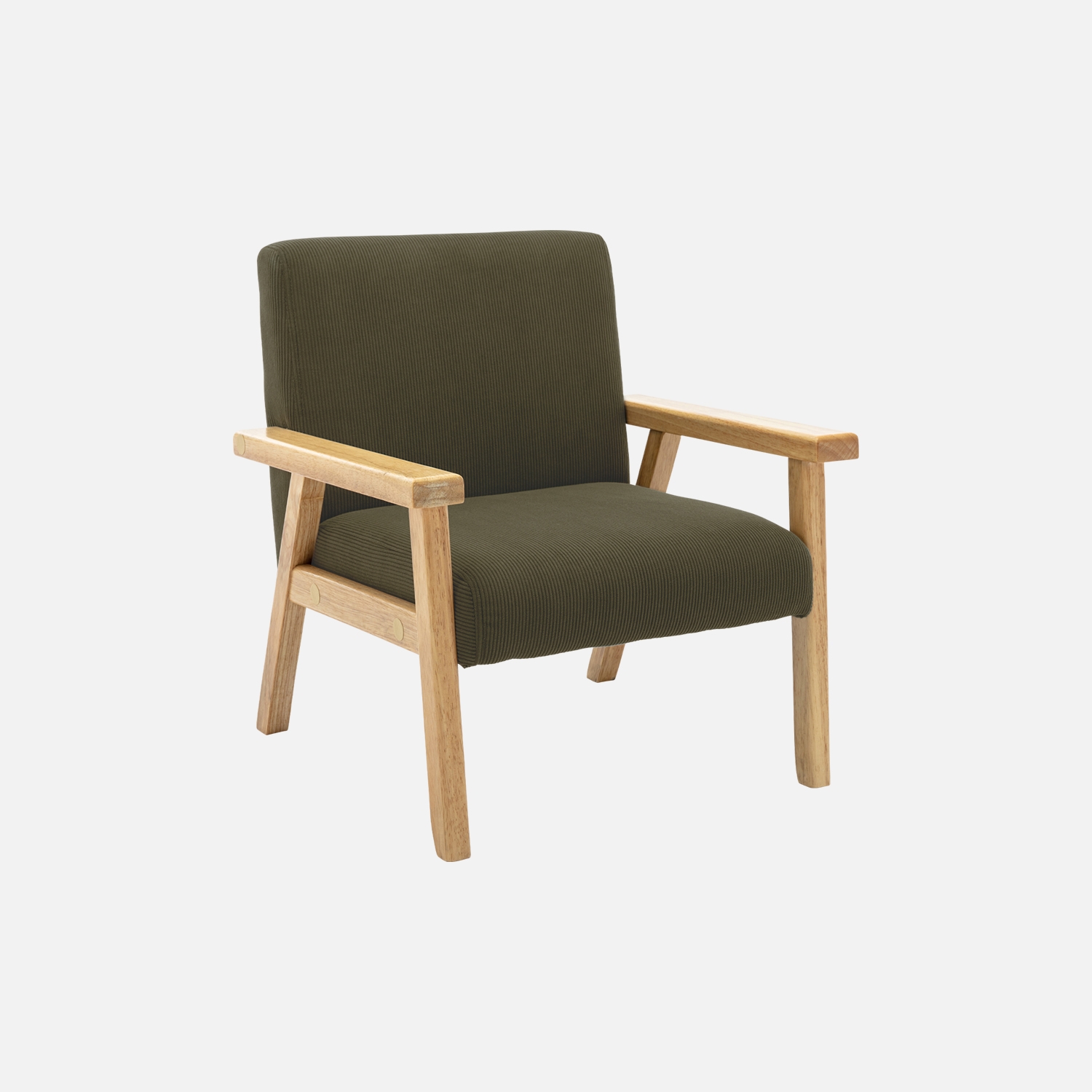 Fauteuil enfant en bois et velours côtelé kaki. Isak l 47 x p 43.5 x h 50cm