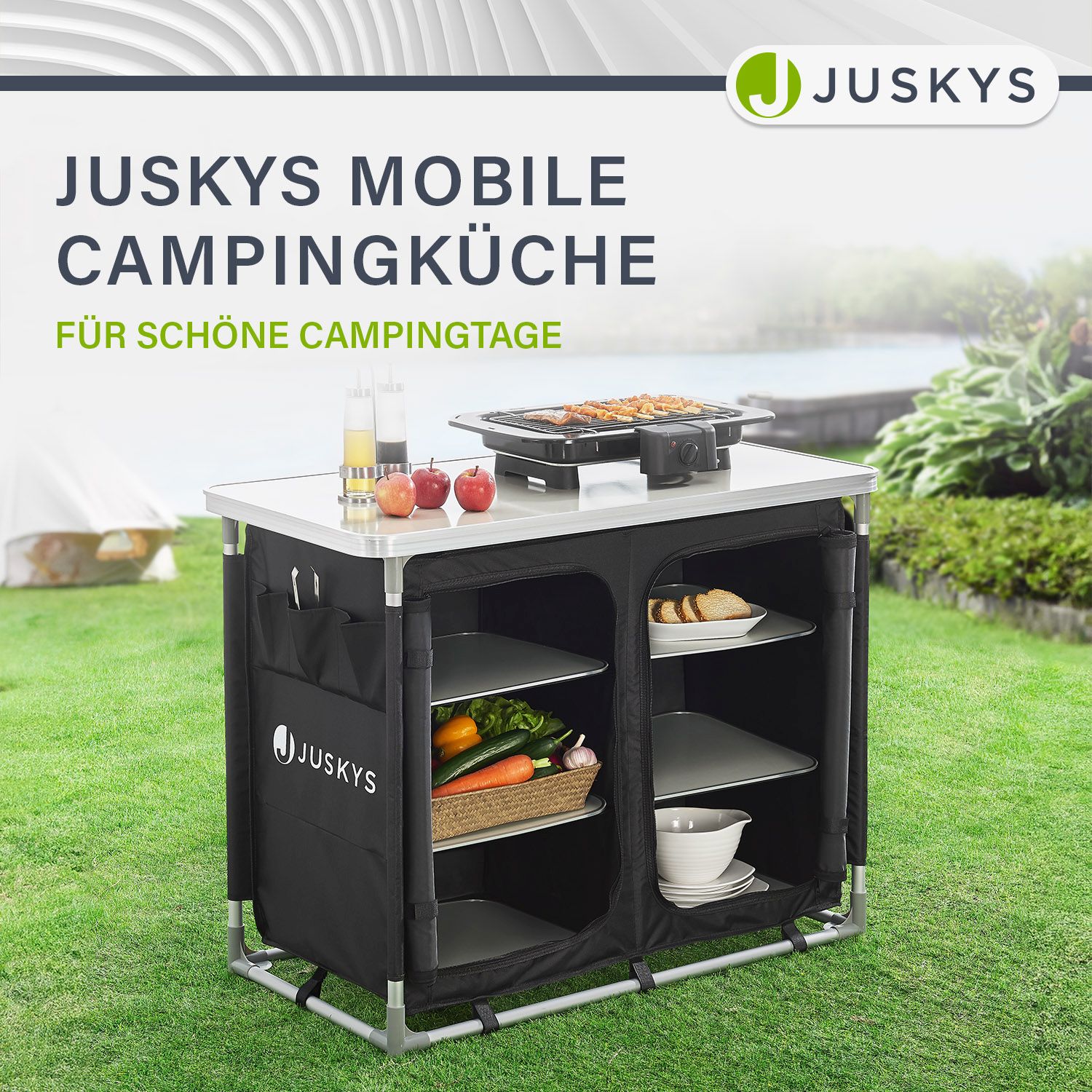 Juskys Campingküche Ruda - Outdoor Küche faltbar mit Schrank - Campingschrank für Zelt - Schwarz