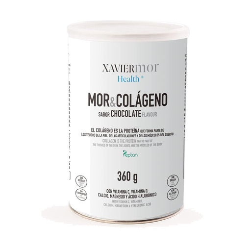 Suplemento alimentar hidrolisado com colágeno, minerais, vitaminas e ácido hialurônico, sabor chocolate.