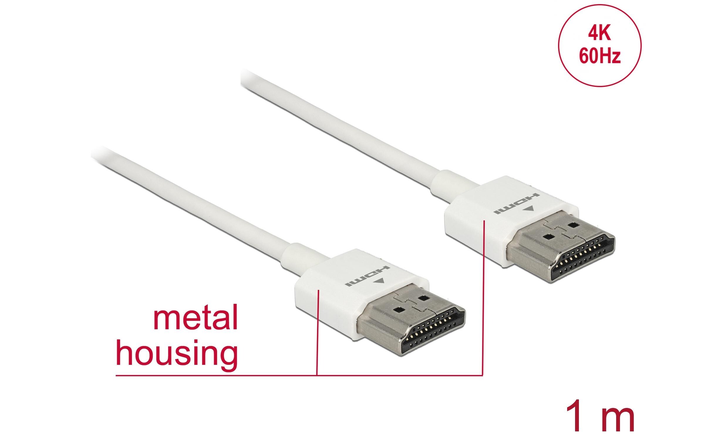 Kabel 4K 60Hz HDMI - HDMI, 1 m, WeissDelock Kabel High Speed HDMI mit Ethernet – HDMI-A Stecker > HDMI-A Stecker 3D 4K 1 m Slim High Quality