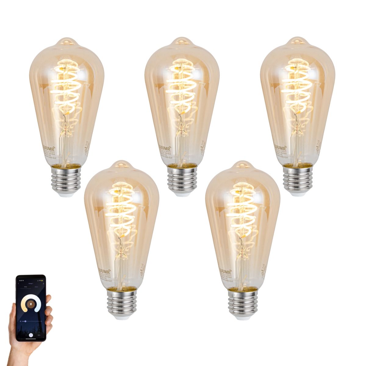Set van 5 Smart E27 dimbare LED lampen ST64 amber 4.9W 320 lm 2500K
