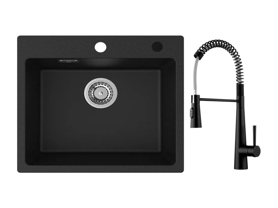 Cecipa max Evier Quartz Noir 50x45cm Evier 1 Bac en Quartz et Résine + Mitigeur de Cuisine à Ressort avec 3 Modes de Sortie D'eau, Noir