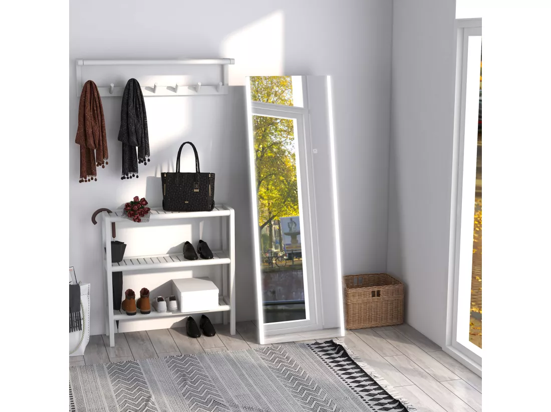 Miroir sur pied ou mural rectangulaire grande taille LED tactile dim. 50L x 50l x 148H cm verre métal blanc