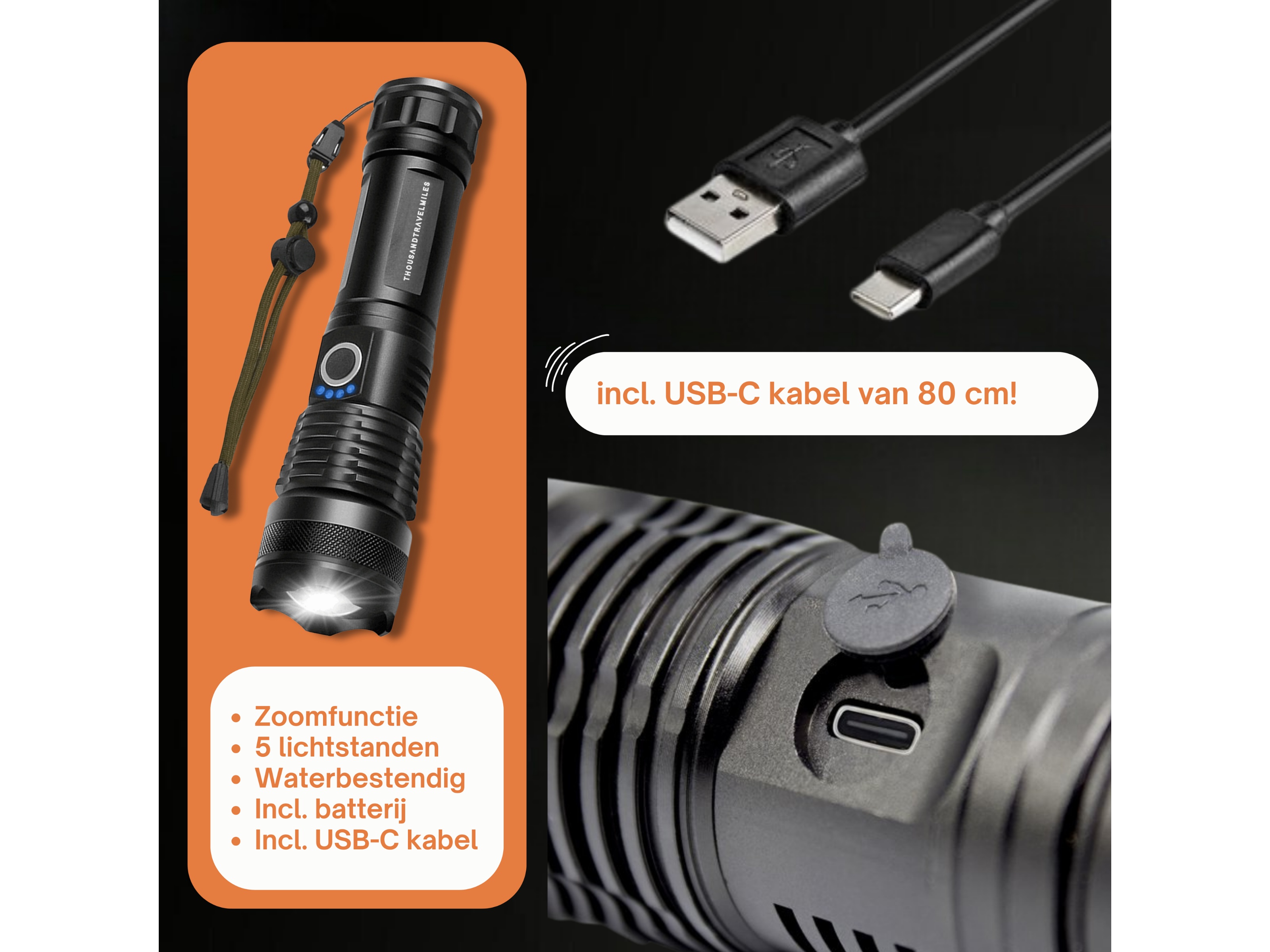 Thousandtravelmiles oplaadbare zaklamp - 3000 lumen