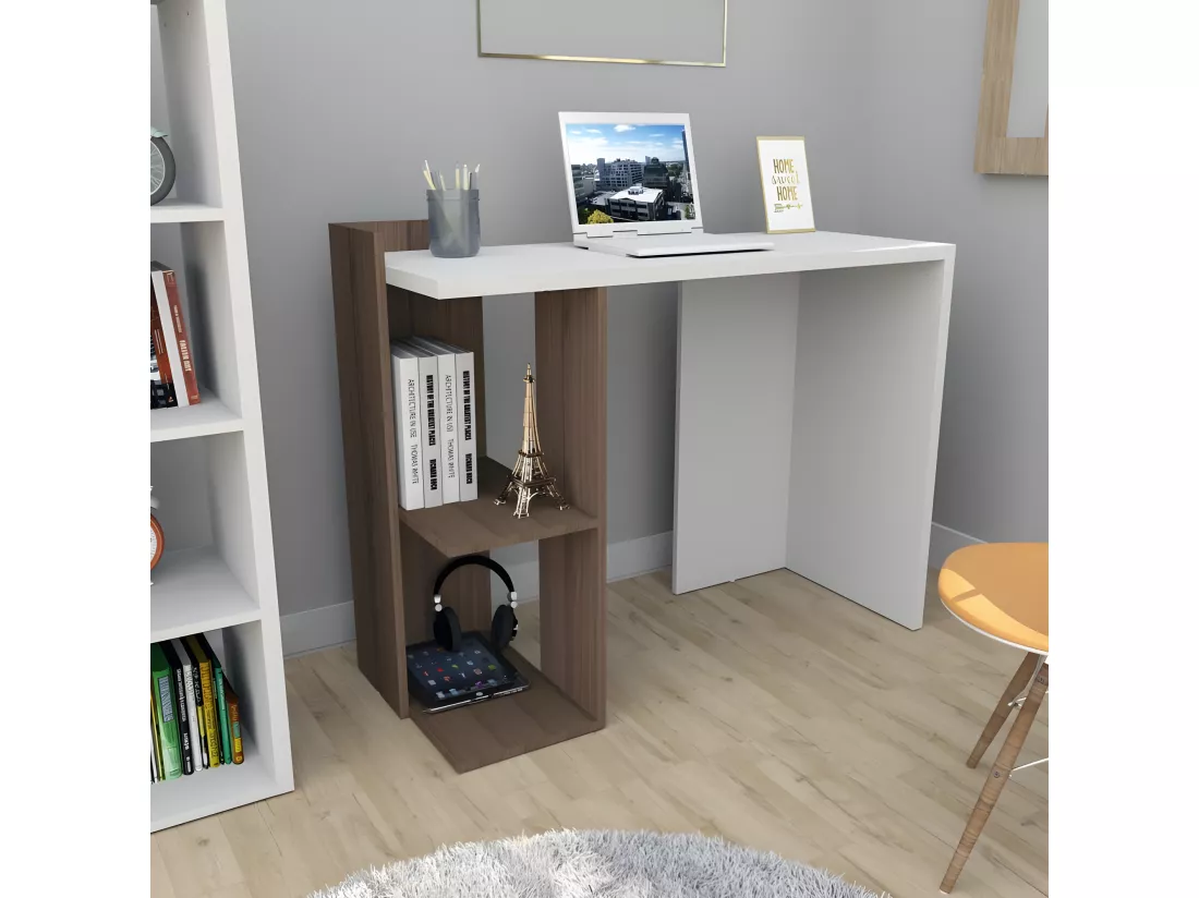 Bureau 102 cm Blanc et 1 Caisson Noyer
